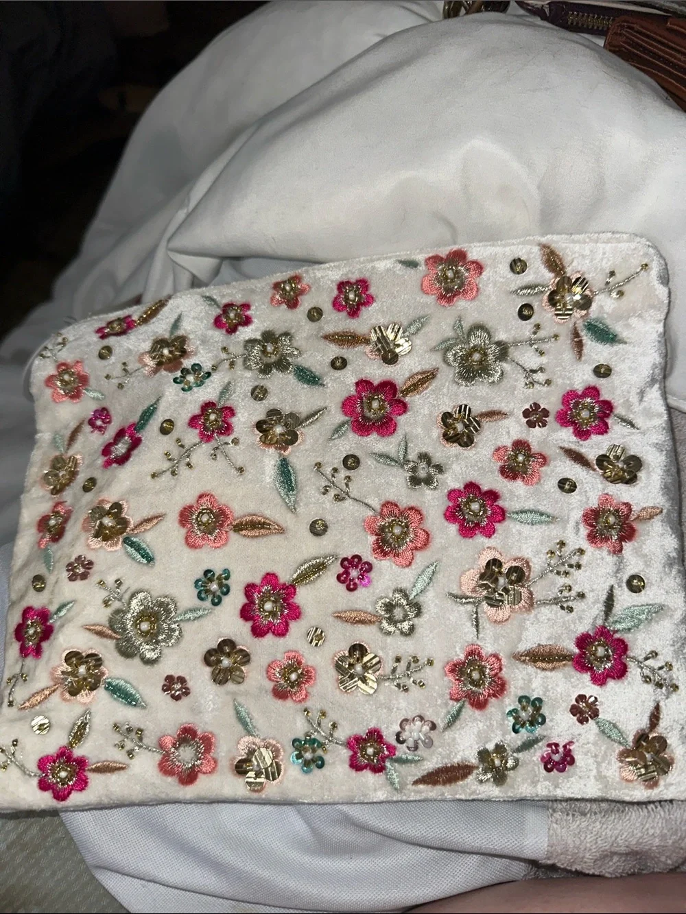 NWT from India to you Embroidered Floral Velvet Cosmetic Pouch in Cream big size